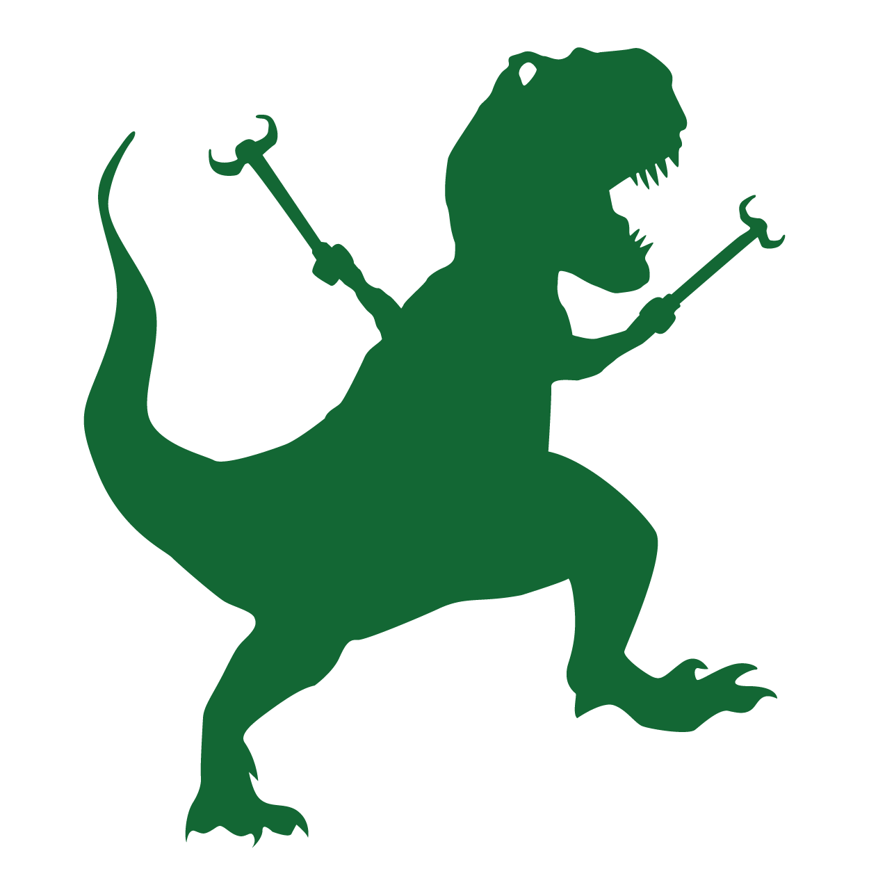 silhouette of a t-rex holding reachers triumphantly above its head